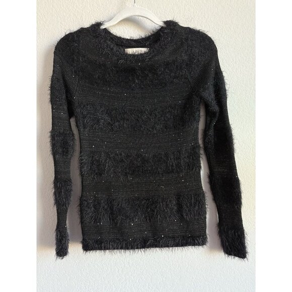 LOFT Women’s PXS Black Wool Blend Long Sleeve Sweater Fuzzy Stripes Pullover - Picture 9 of 11